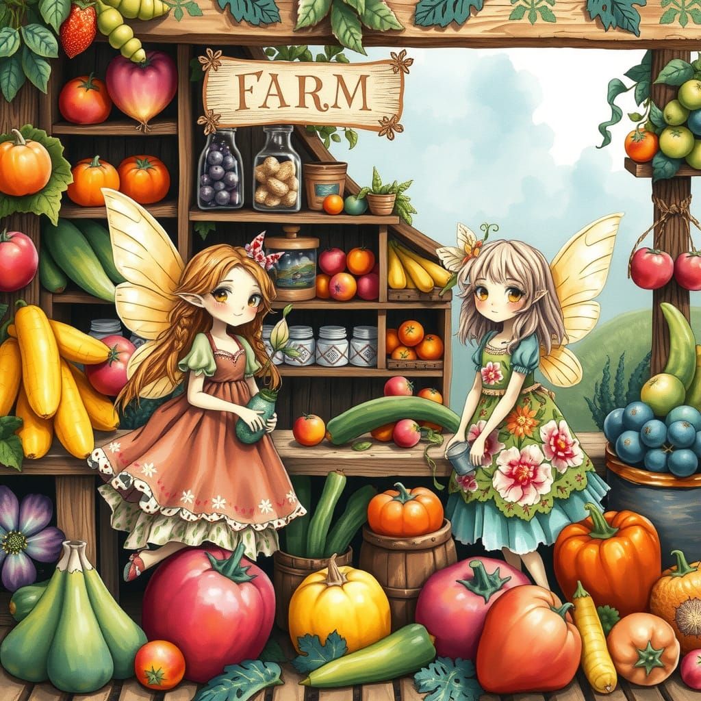 Whimsical Farmstand Fairies in Watercolor Style