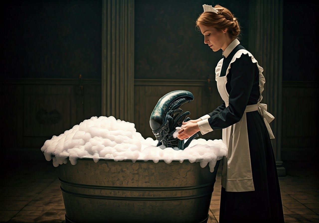 Surreal Giger Film Still: Maid Washing Xenomorph
