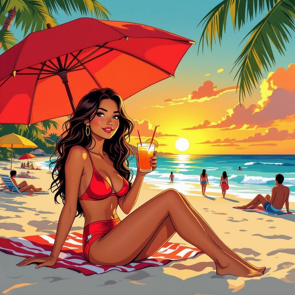 Woman Relaxing on Tropical Beach at Golden Hour Sunset