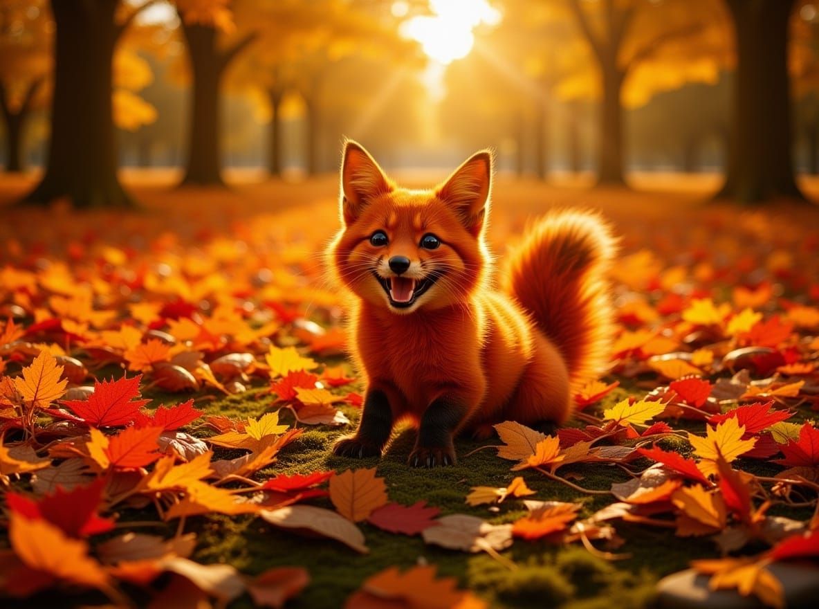 Playful Fox Rolls in Autumn Leaves in Golden Hour Light