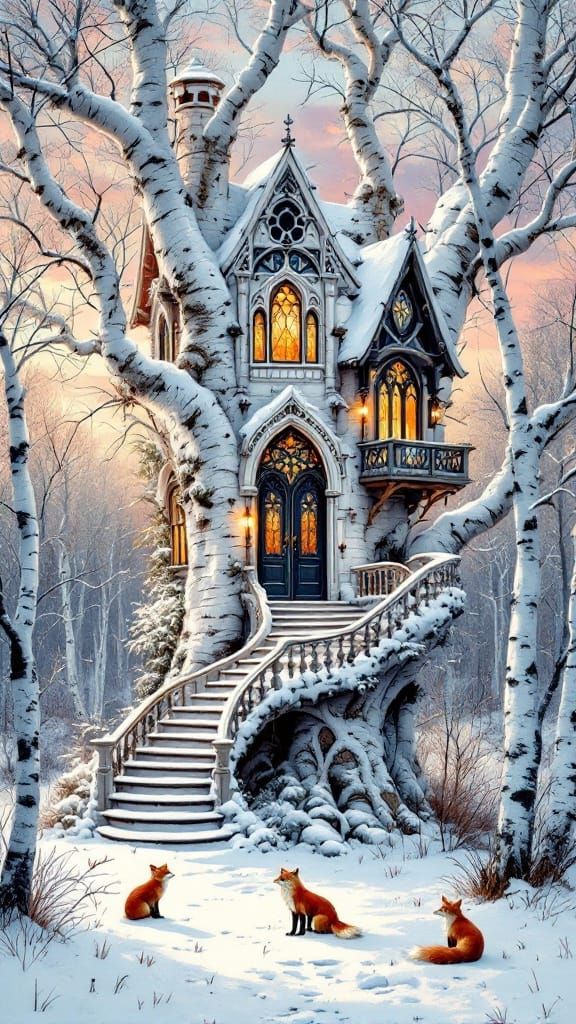 Gothic Birch Treehouse in Winter Wonderland