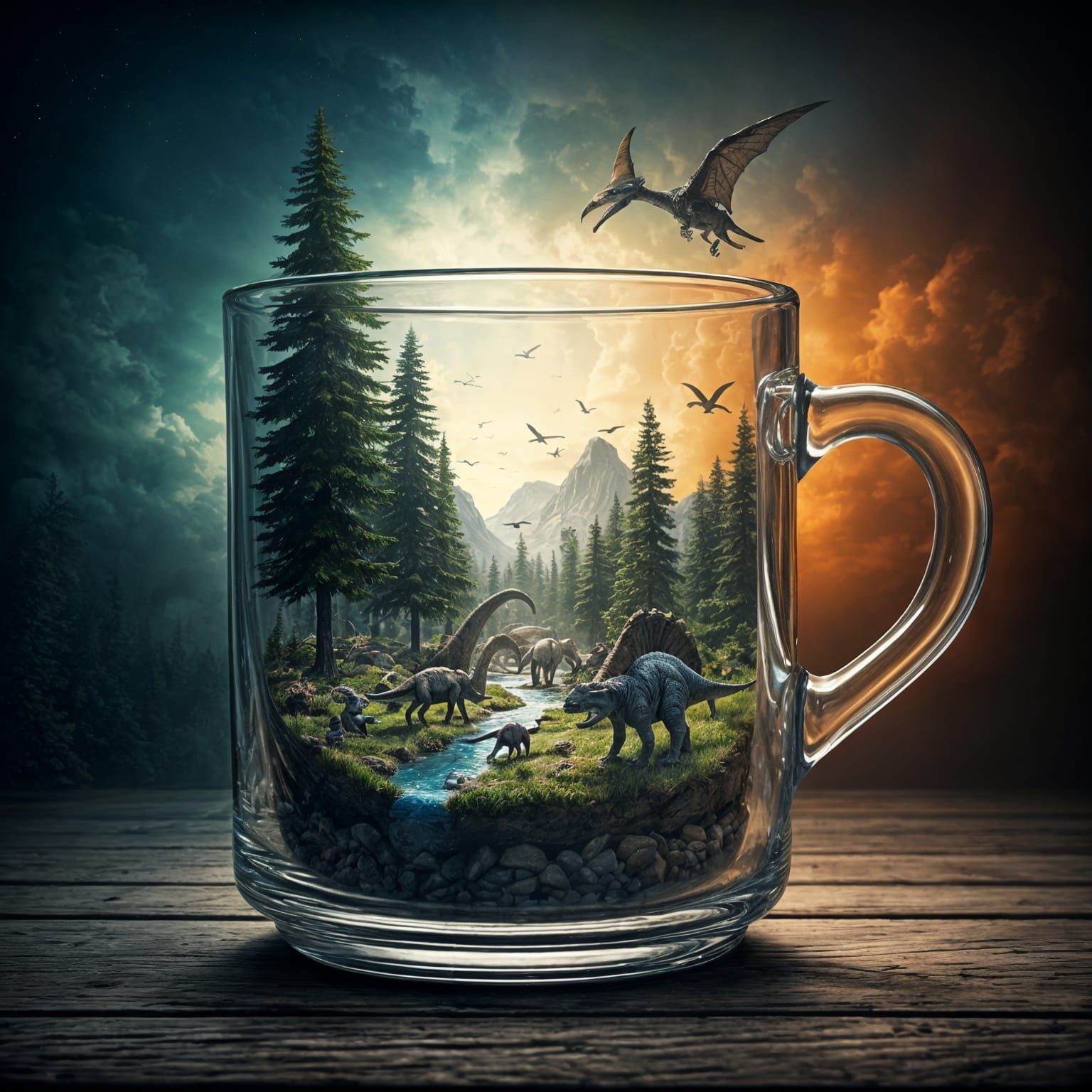 Miniature Dinosaur Landscape Inside Transparent Glass