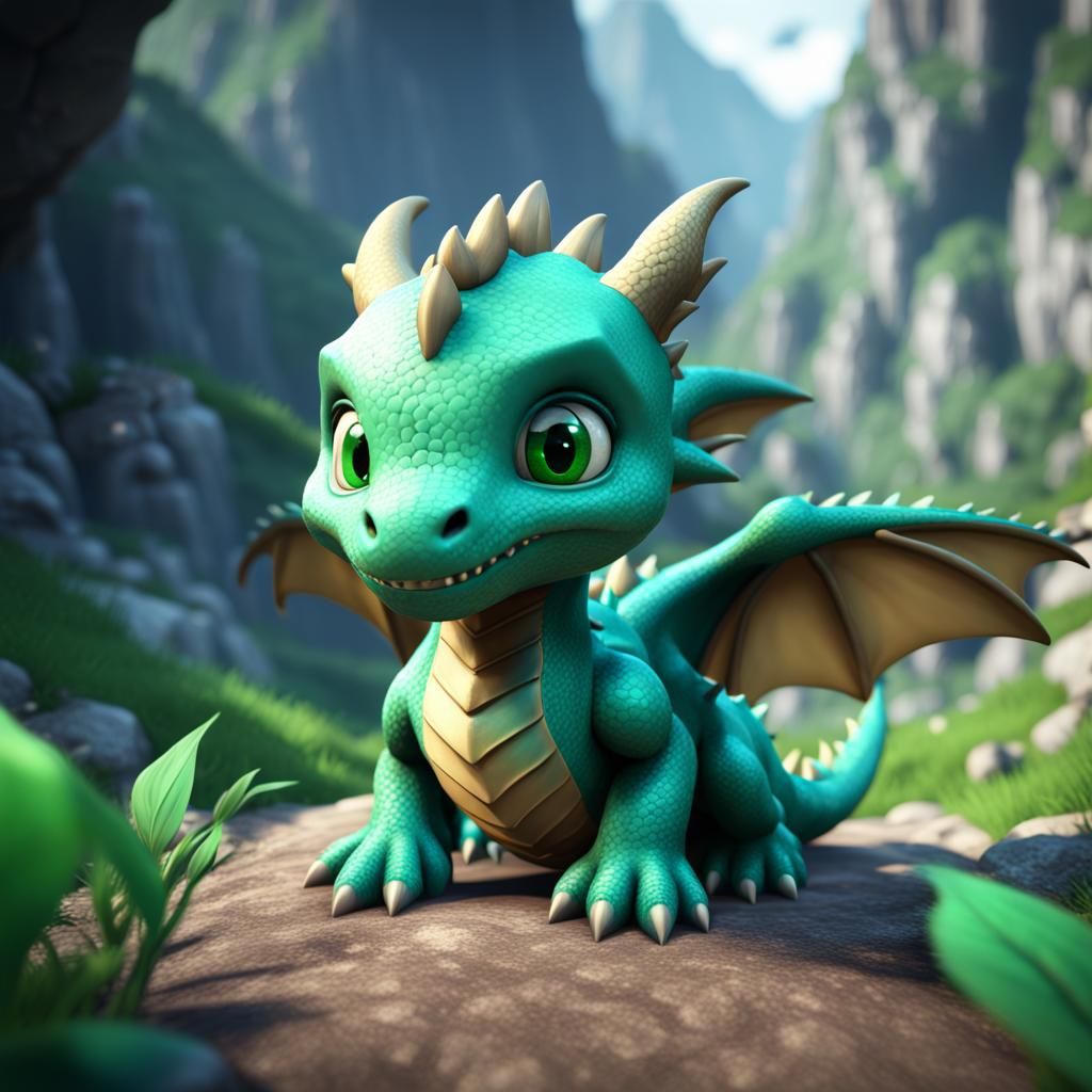 Cute Baby Dragon in Emerald Valley: 3D Game Art