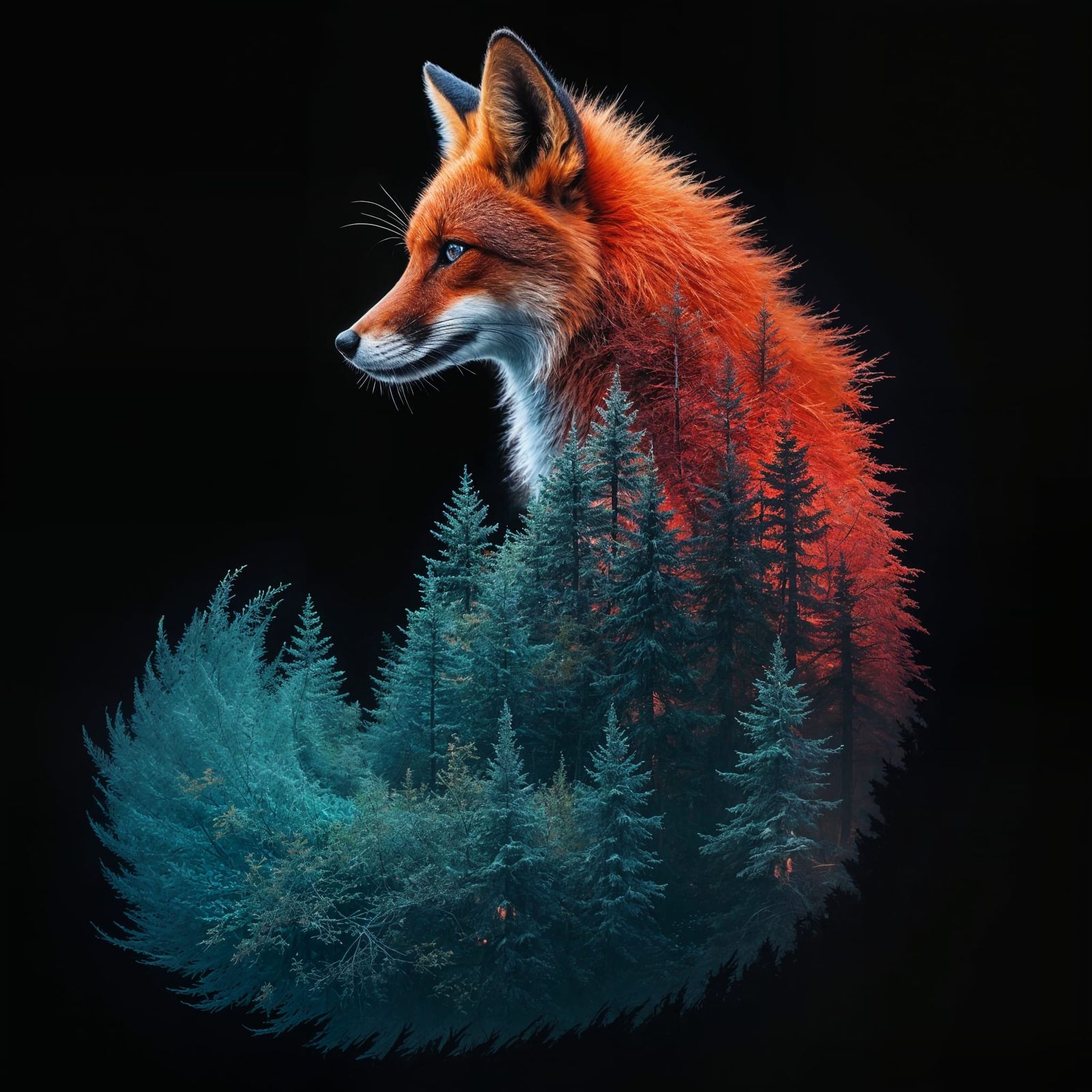 Enchanted Forest Illuminated by a Red Fox in Double Exposure