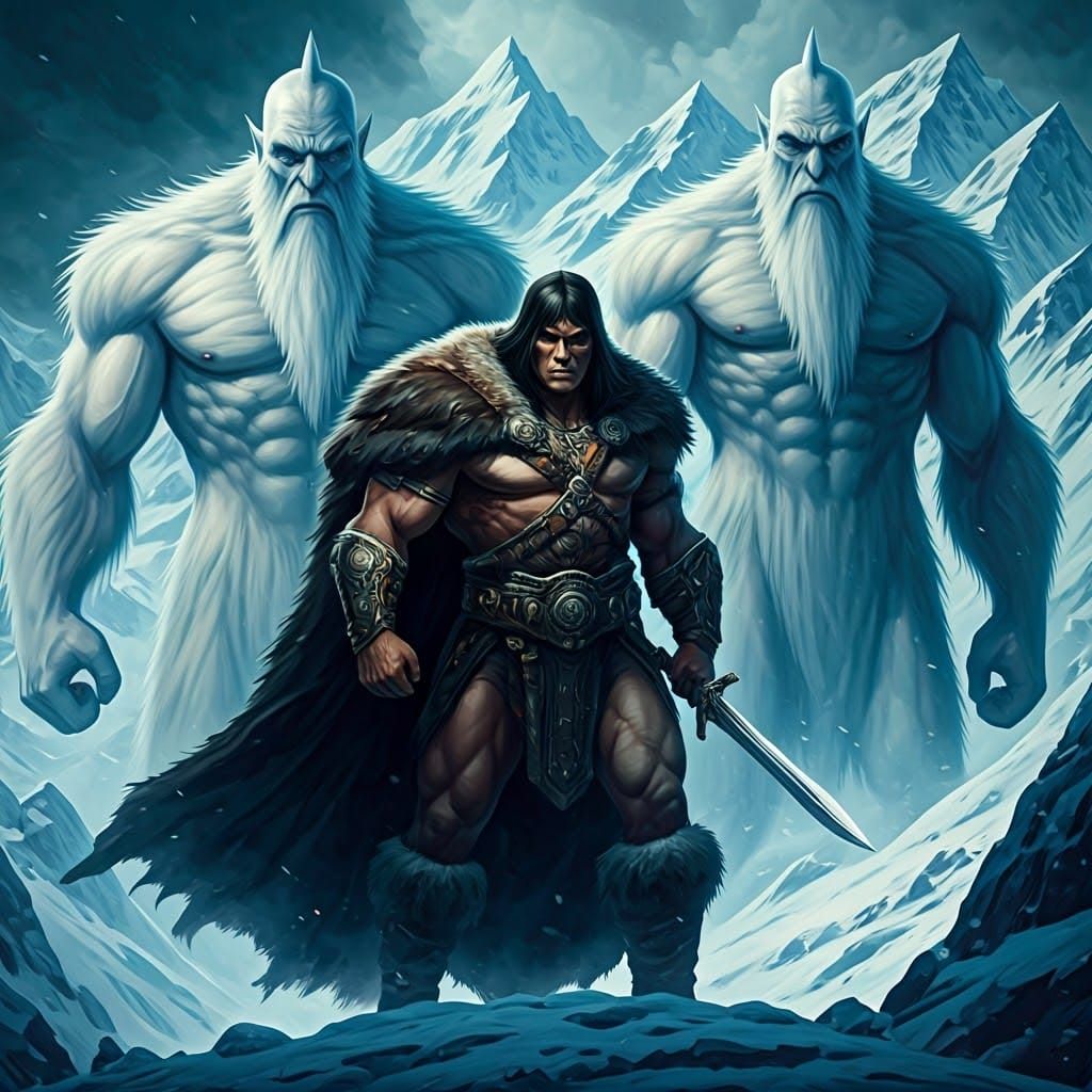 Conan Battles Snow Giants: Dark Fantasy Art