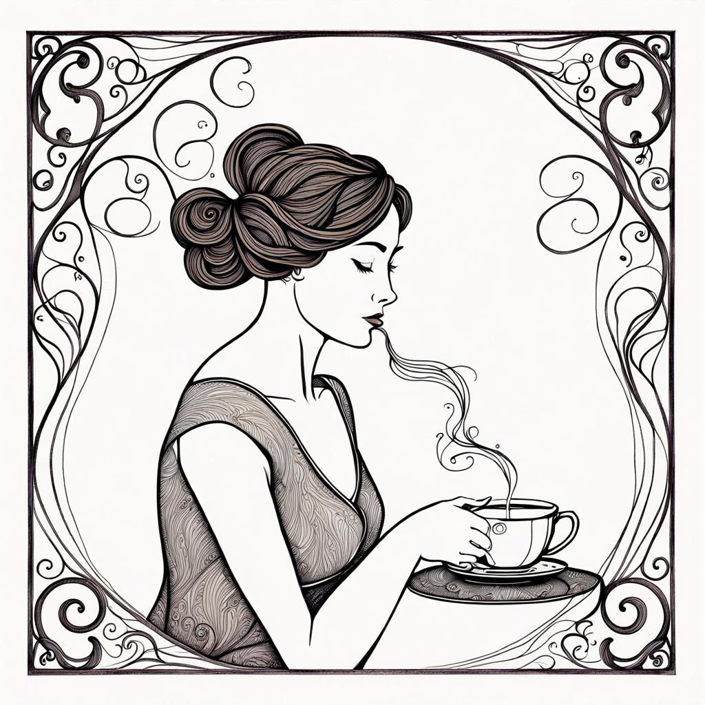Elegant Ink Drawing of Woman Drinking Tea