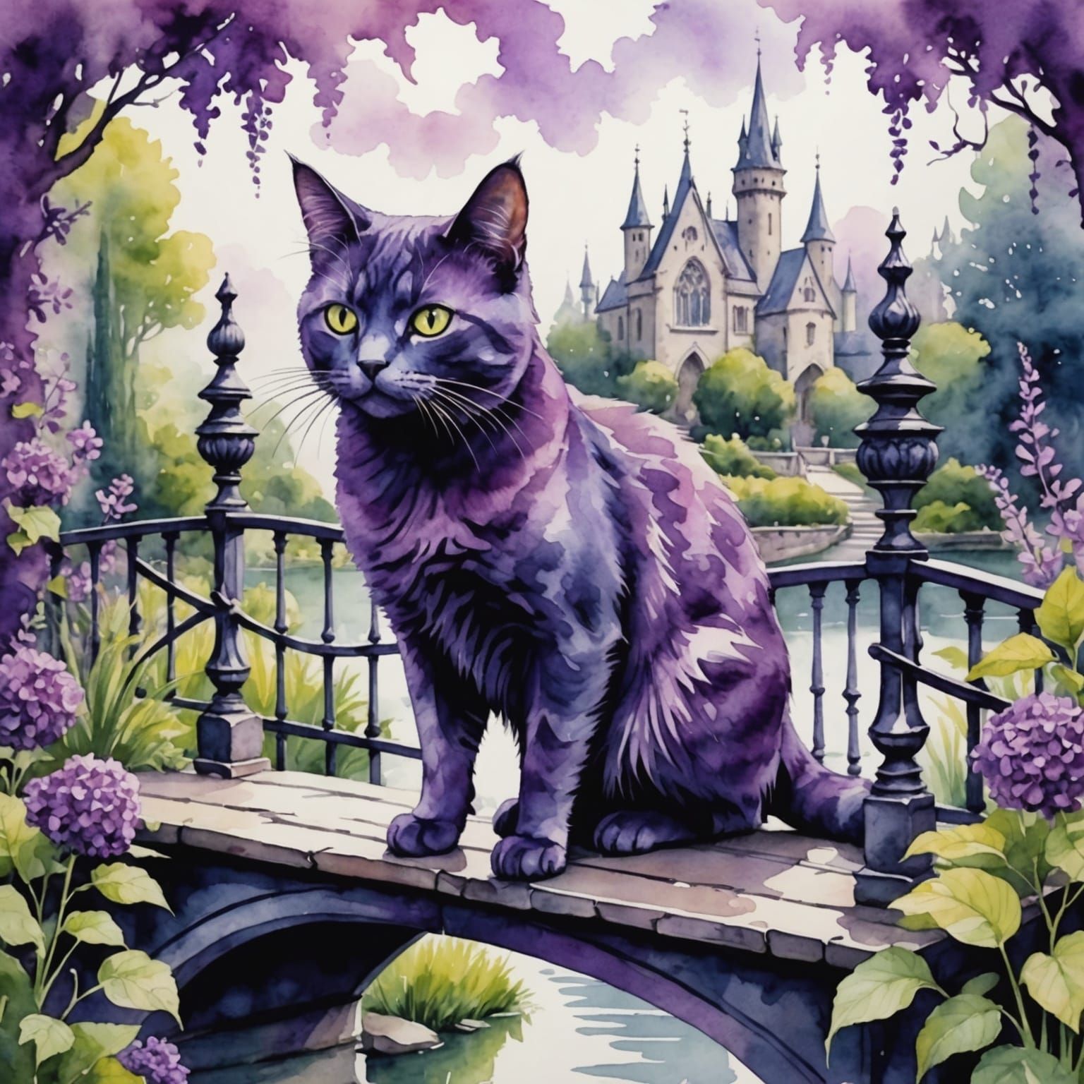 Purple Cat in Gothic Garden Watercolor