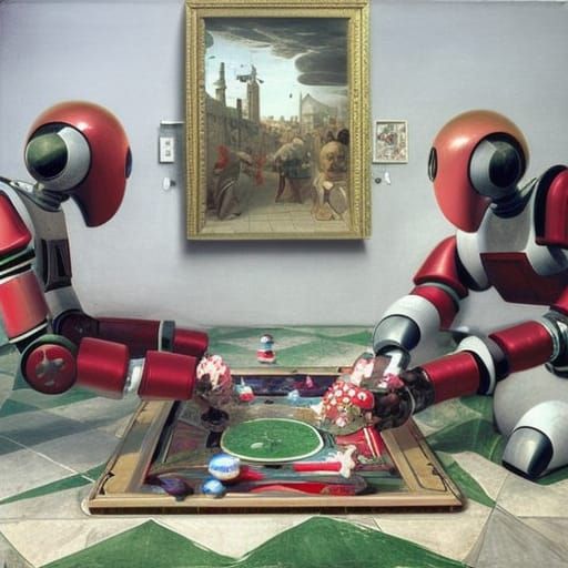 Melancholic robots playing games, hyperrealism photorealism,...