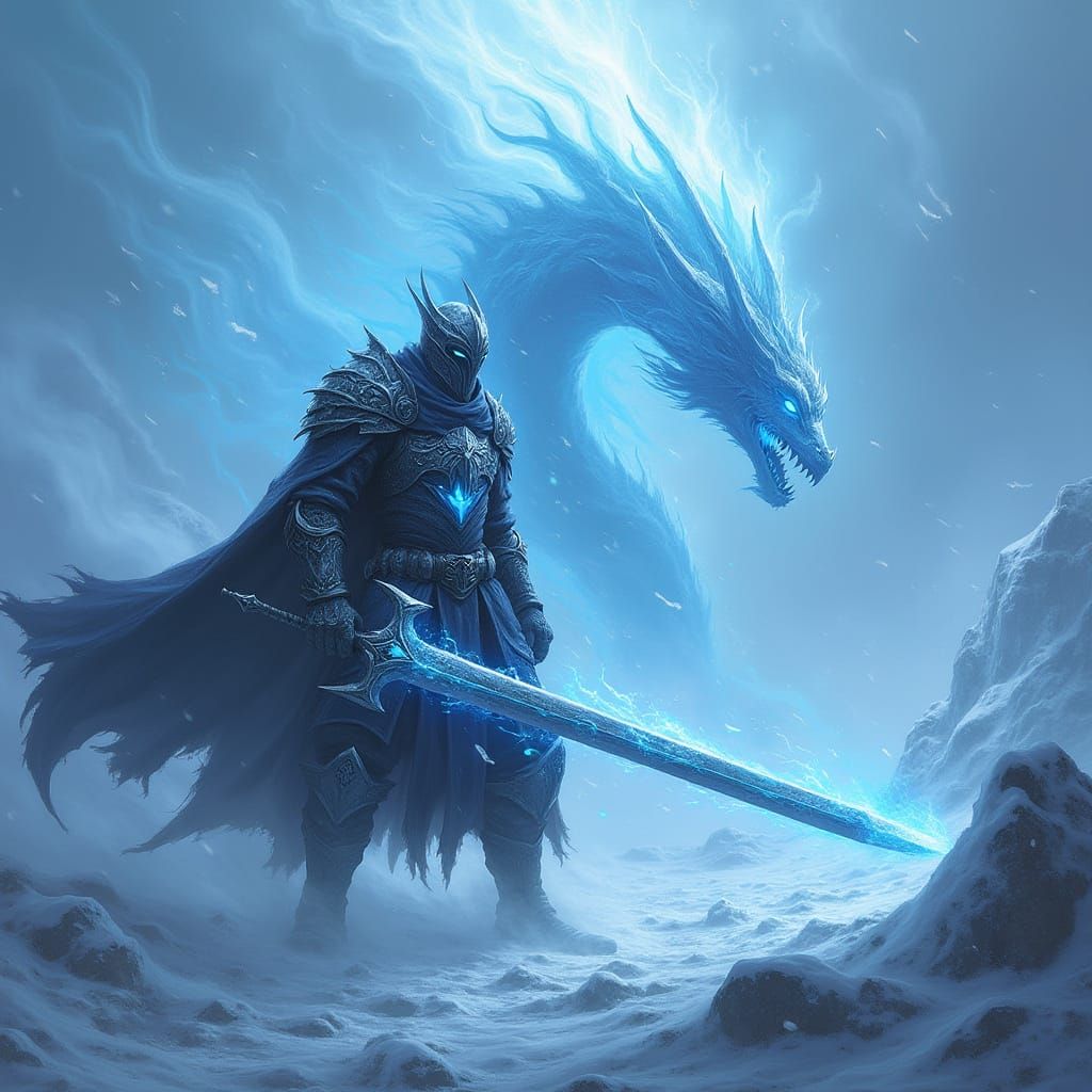 Ethereal Knight in Blizzard, Cyberpunk Style