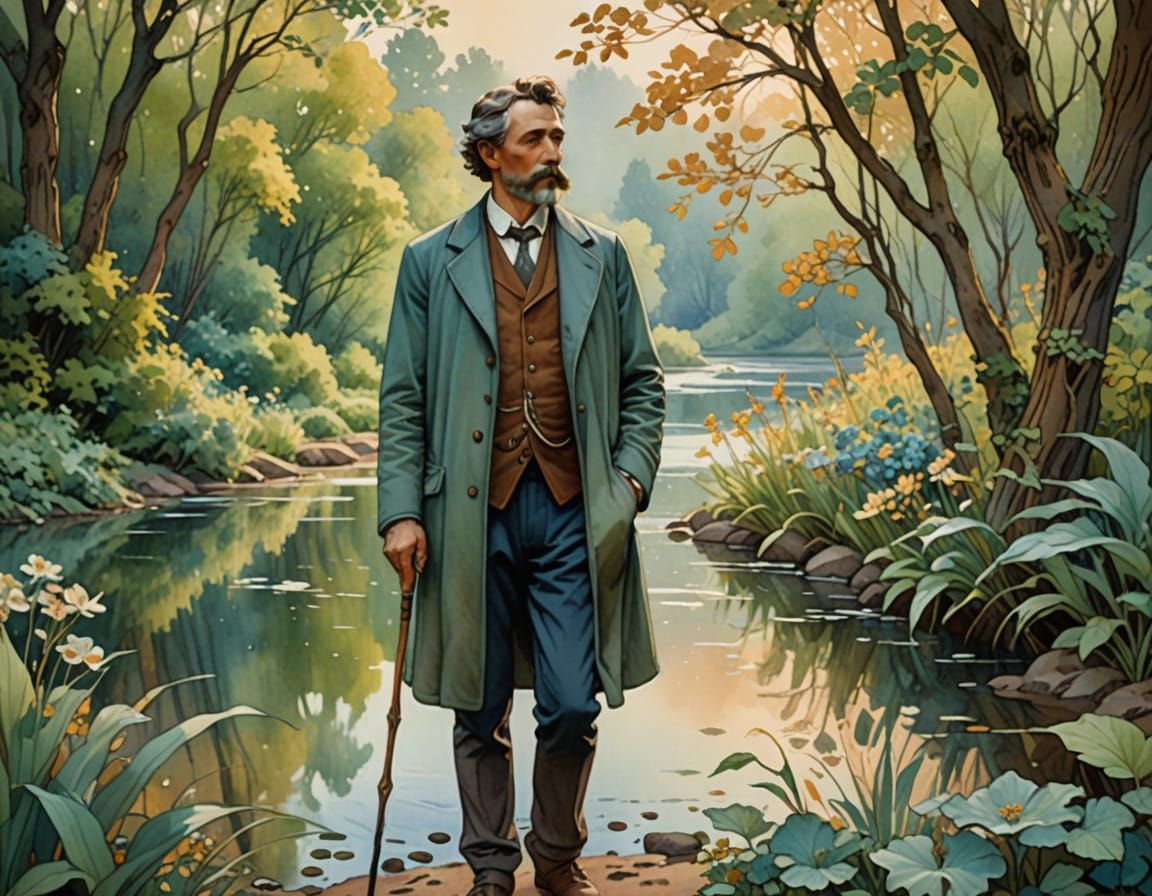 Elegant Art Nouveau Gentleman in Whimsical Park Scene