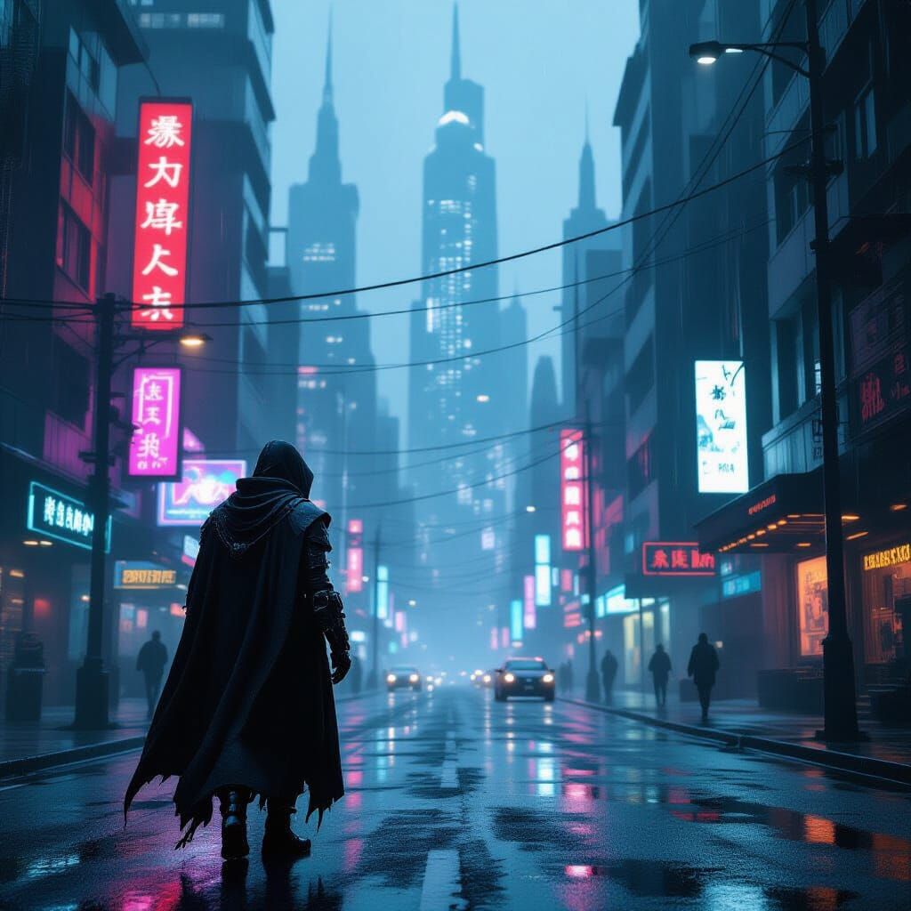 Cyberpunk Wanderer on Rain-Slicked Metropolis Street