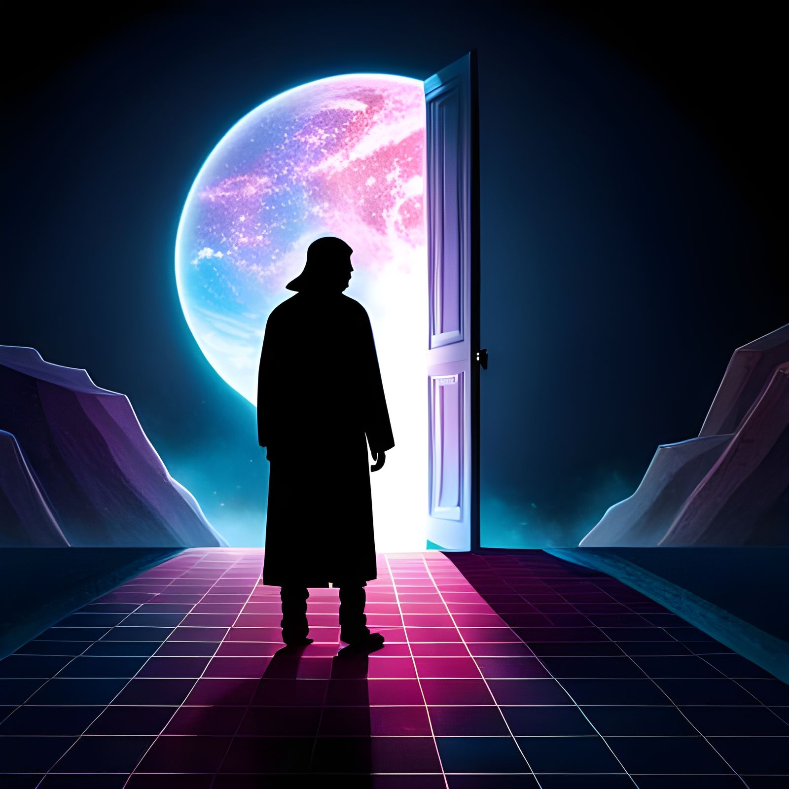 Dramatic Silhouette in Cosmic Synthwave Style
