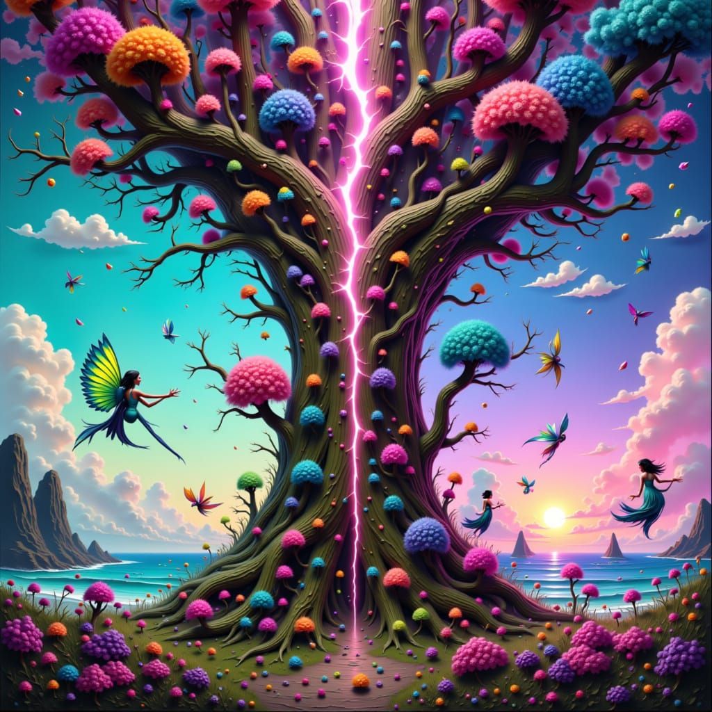 Tree Split by Lightning, Dreamlike Neon Landscape
