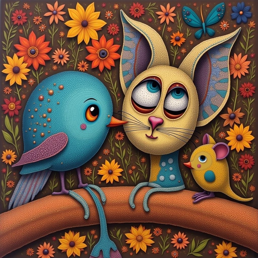 Surreal Whimsy: Tiny Birds, Houses, and Friends