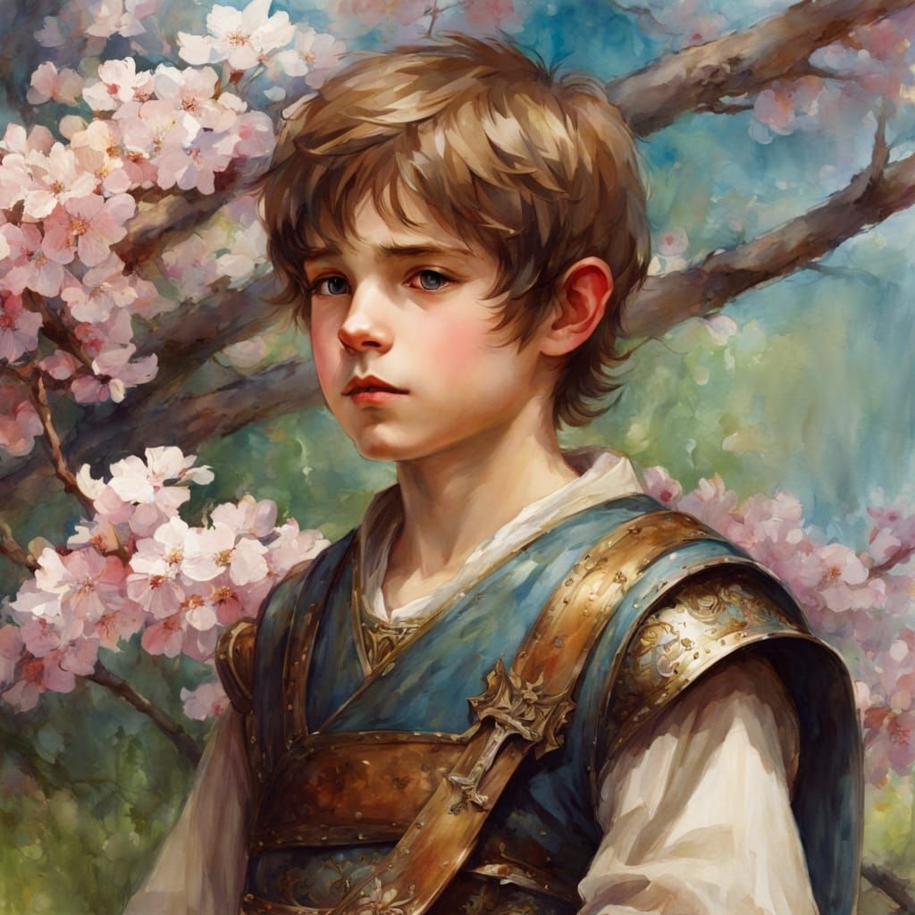 Surreal Watercolor Portrait of a Boy in a Cherry Blossom Orc...