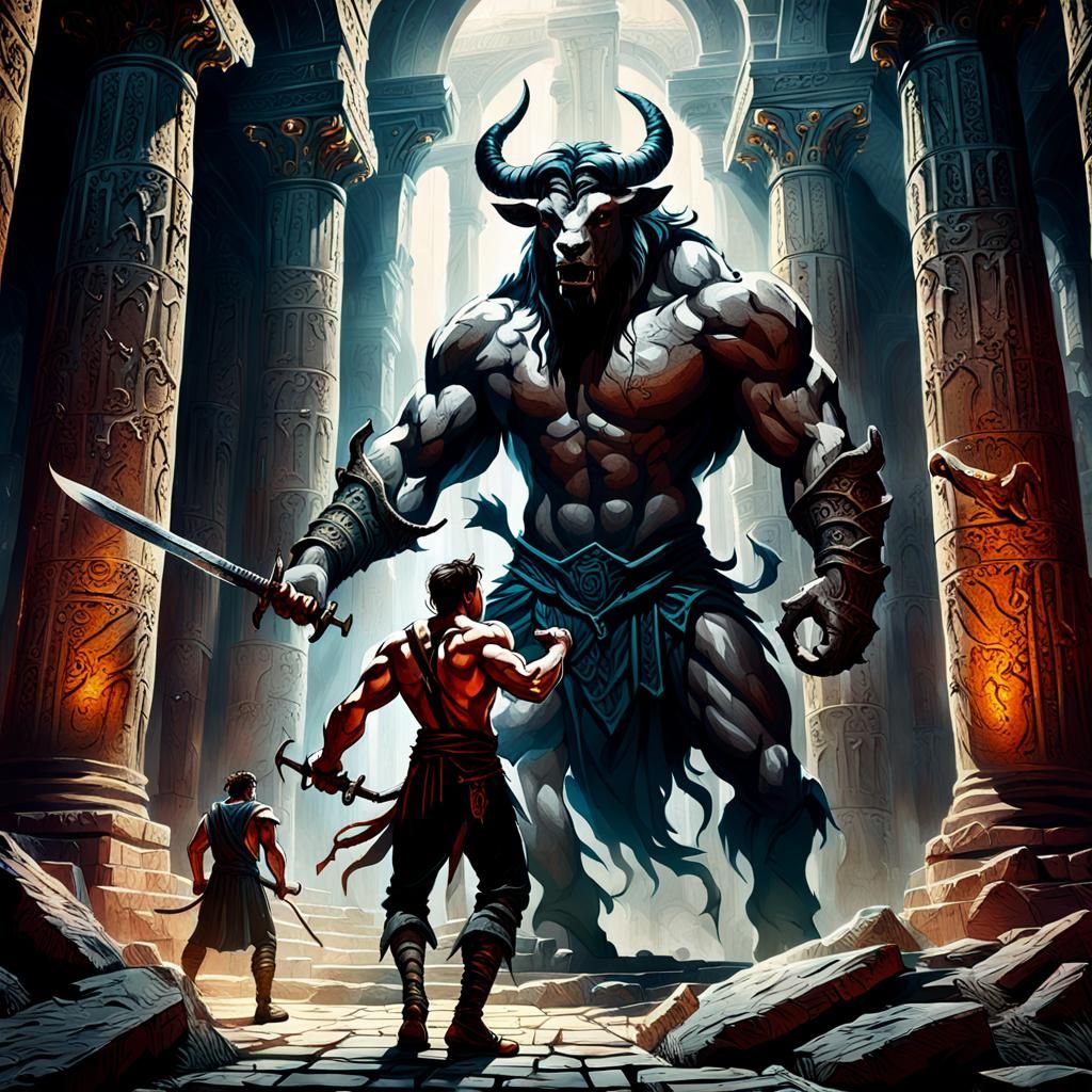 Minotaur Battle in Ancient Temple: High-Fantasy Digital Art