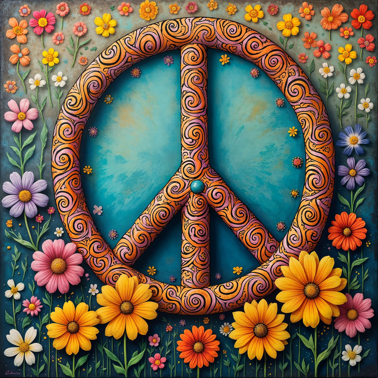Peace Symbol with Floral Background in Pop Surrealism