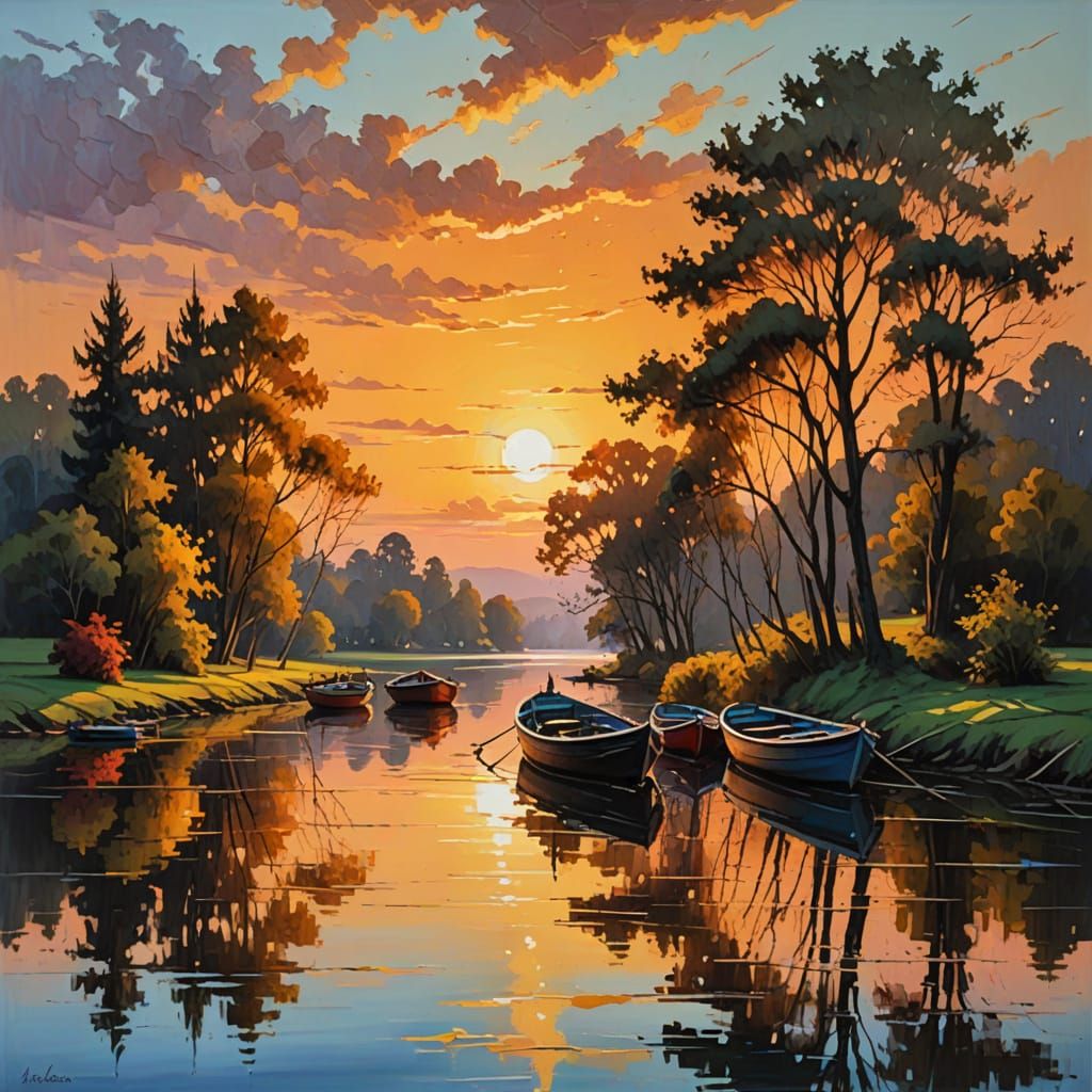 Golden Sunset River Scene in Vibrant Oil Painting