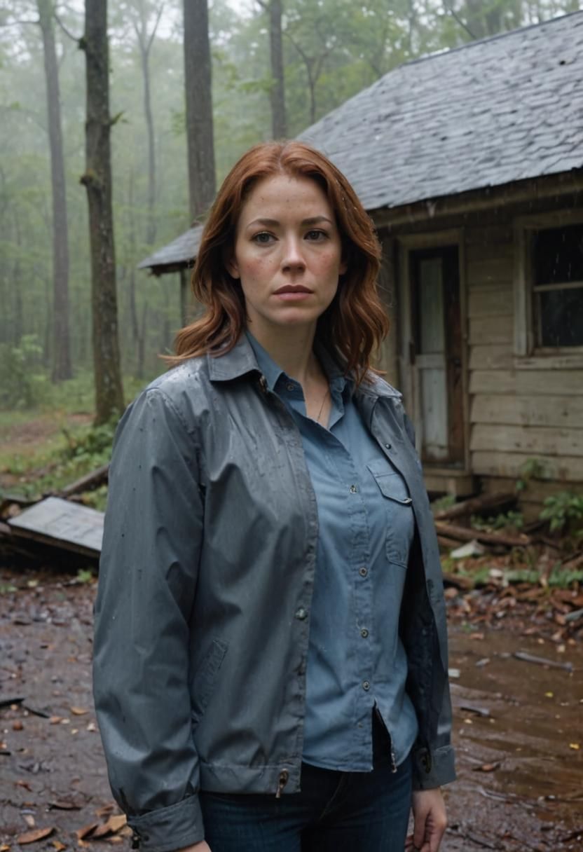 Detective in Rain at Abandoned House