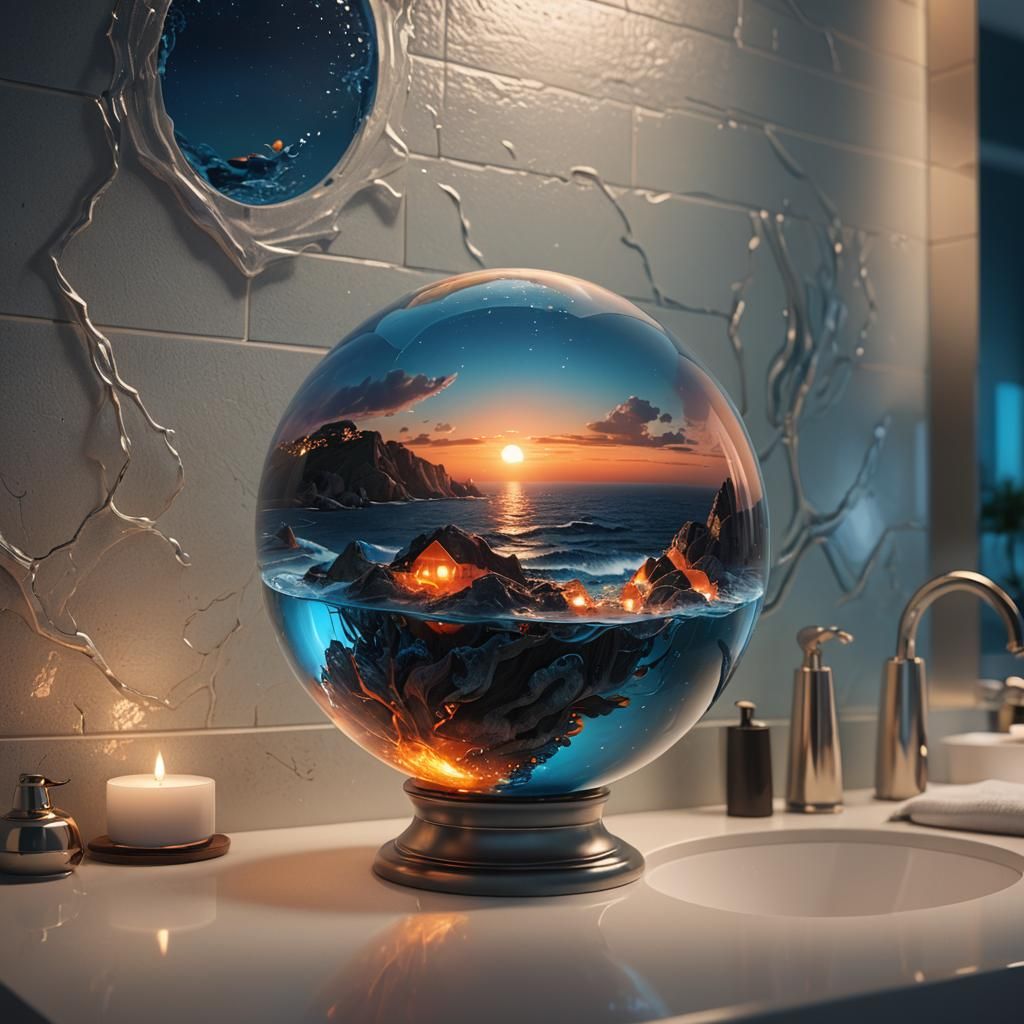 Ocean Landscape in Glass Orb, Matte Painting