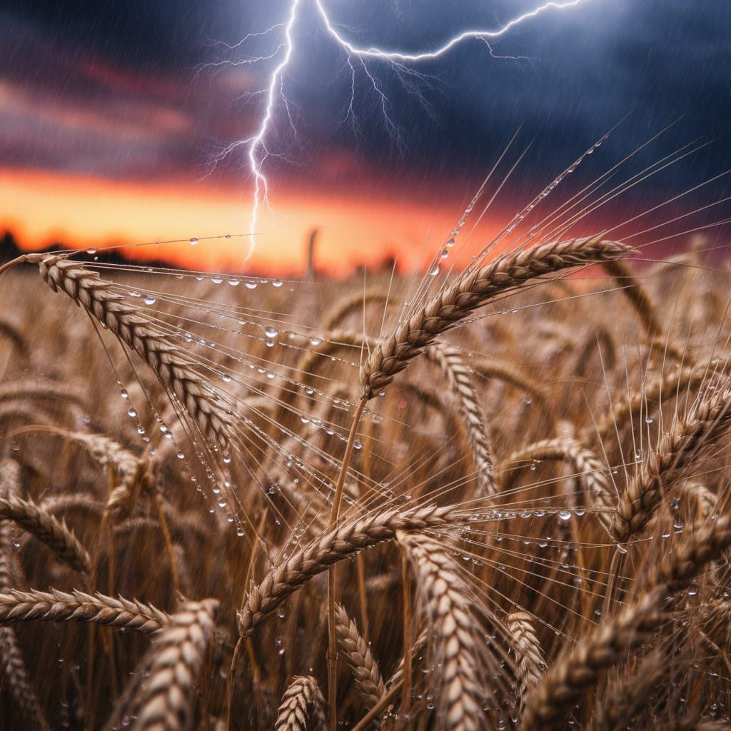 Golden Wheat Field Sways Under Stormy Sky in Macro Photograp...