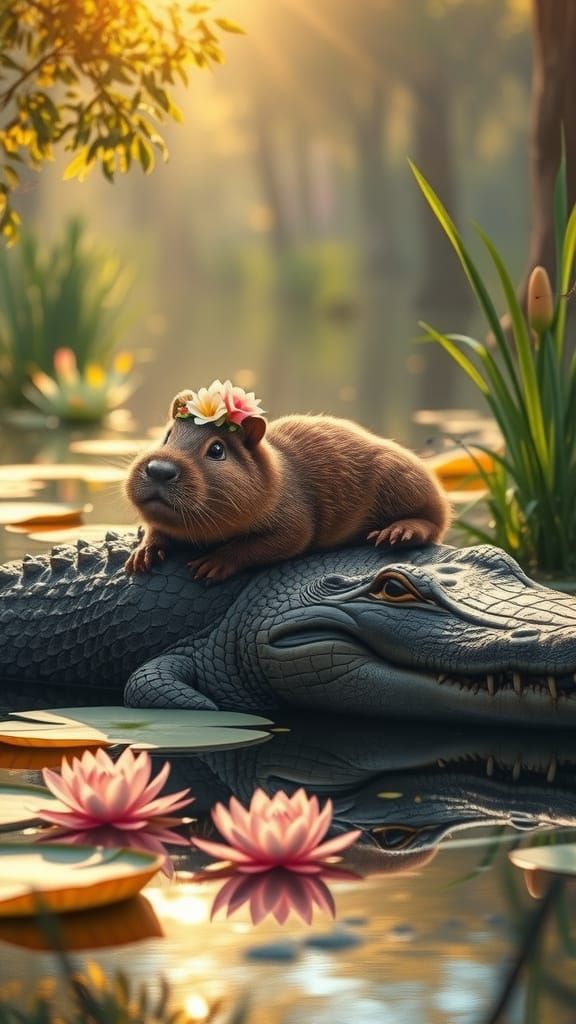 Capybara and Crocodile Friendship in Sunlit Swamp