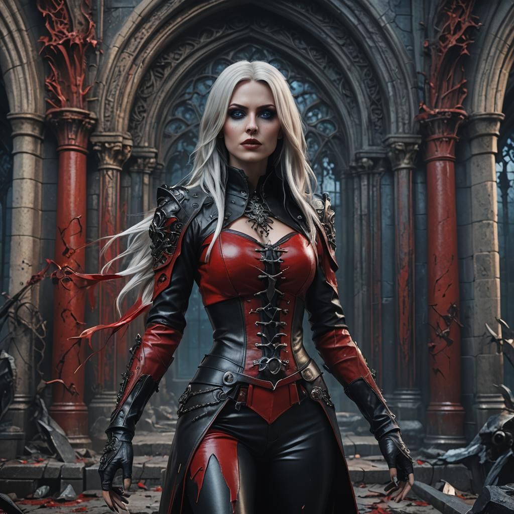 Gothic Girl in Red Leather Outfit, Digital Art