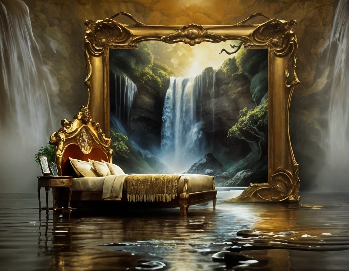 Waterfall painting merging to the real world