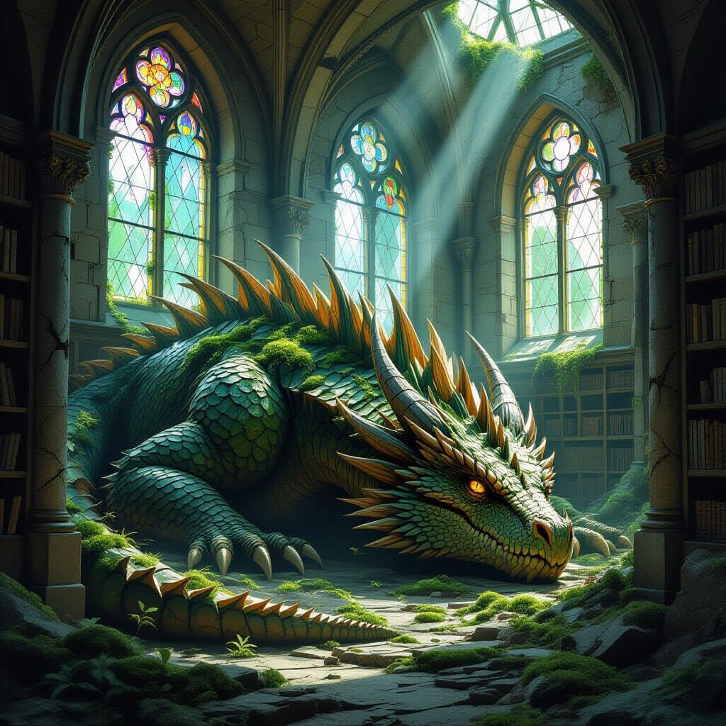 Ancient Dragon Sleeps in Ruined Library, Fantasy Matte Paint...