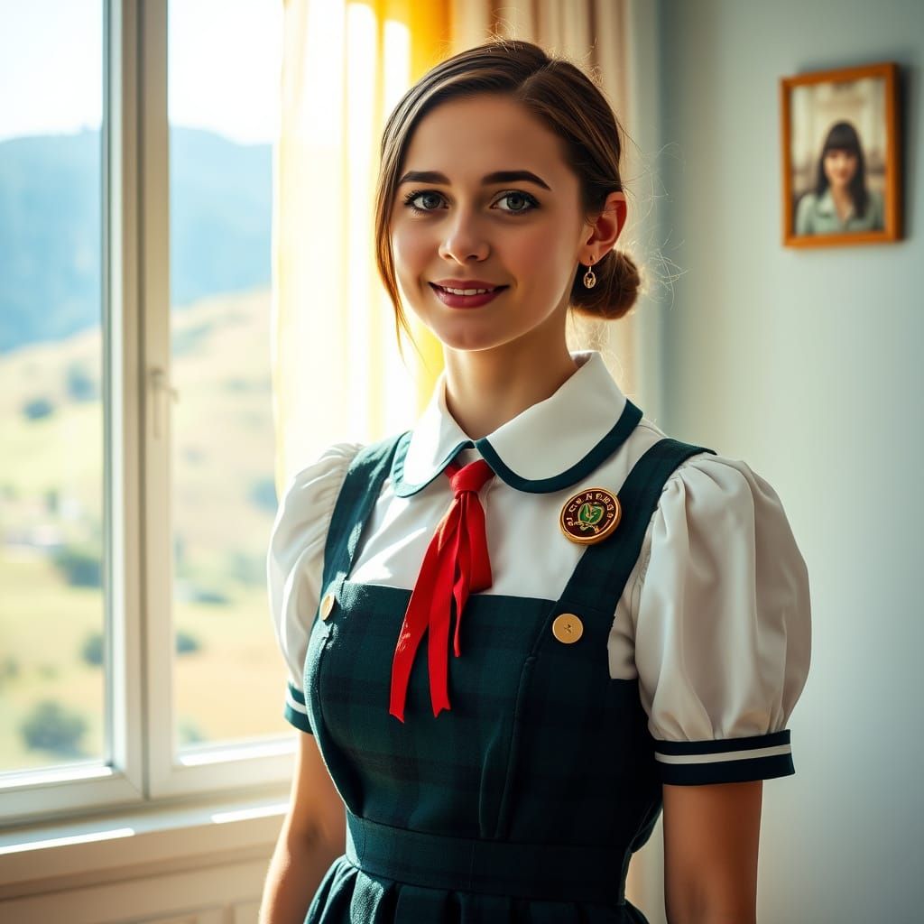 Bald Woman in School Uniform: Cinematic Film Still