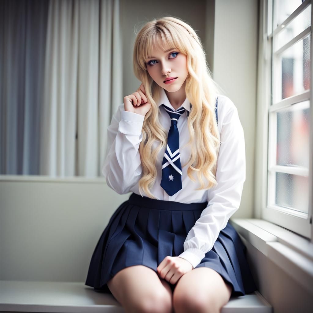 Young Woman in School Uniform with Blonde Hair