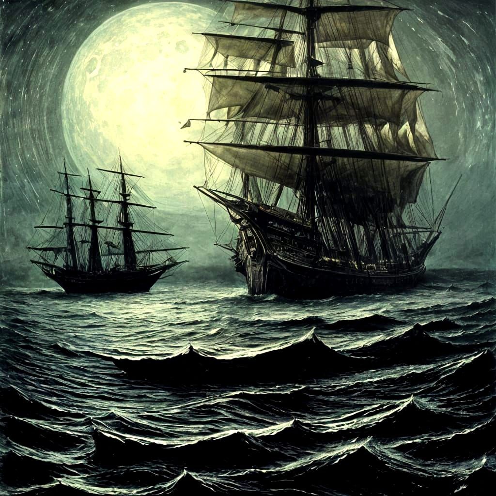Pirate Galleon in Foggy Moonlight: Surreal Dark Art