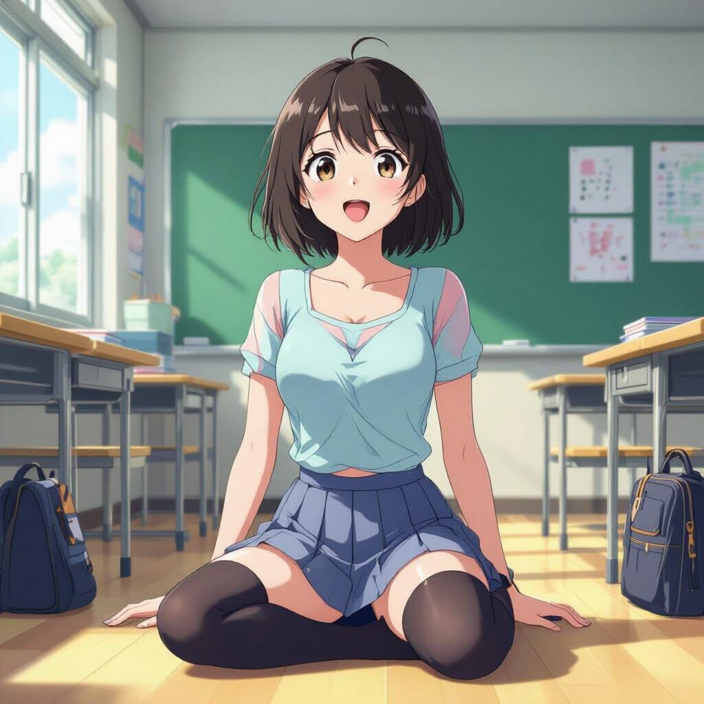 Anime Girl in Classroom, Vibrant Pastel Illustration