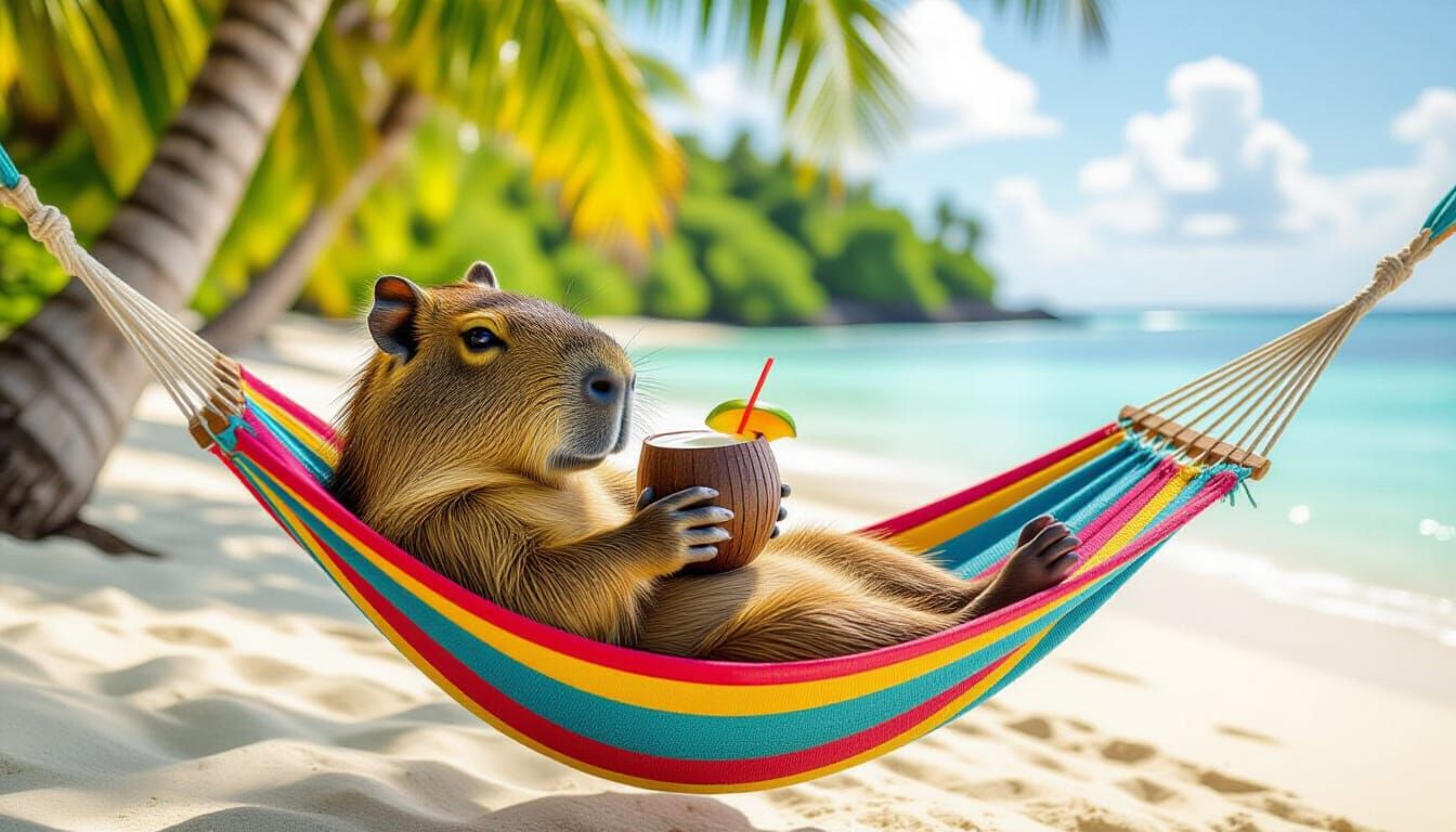 Capybara Sipping Cocktail in Hammock on Tropical Beach