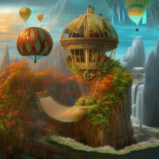 Steampunk Floating Island with Air Balloon