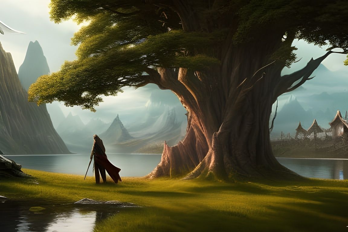 Serene Lakeside Fantasy City in Digital Landscape Art