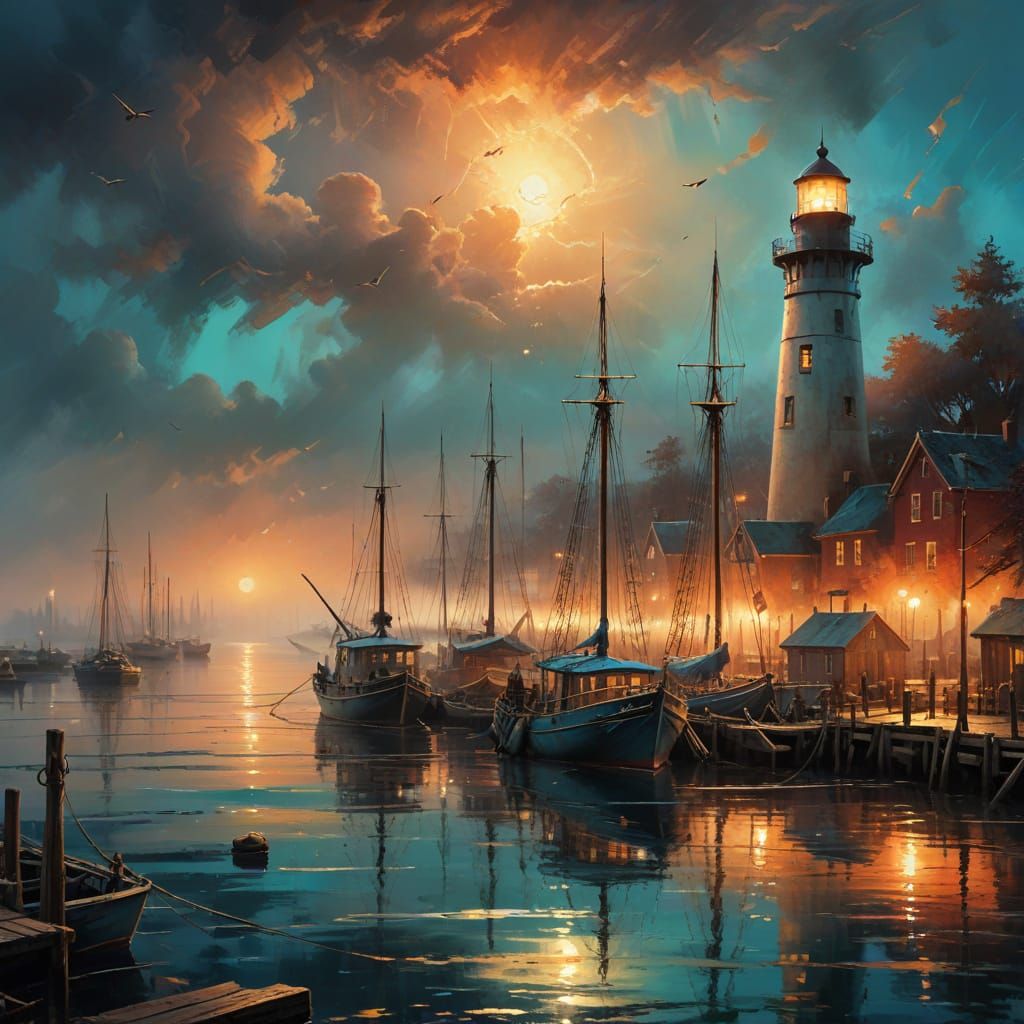 Whimsical Fishing Harbor in Warm, Golden Light
