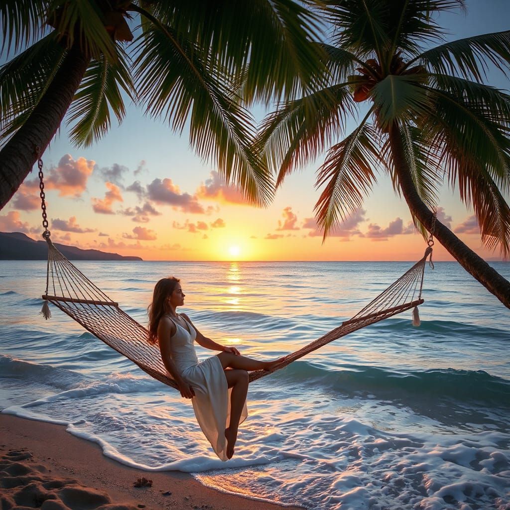Serene Tropical Beach Sunset with Woman in Hammock