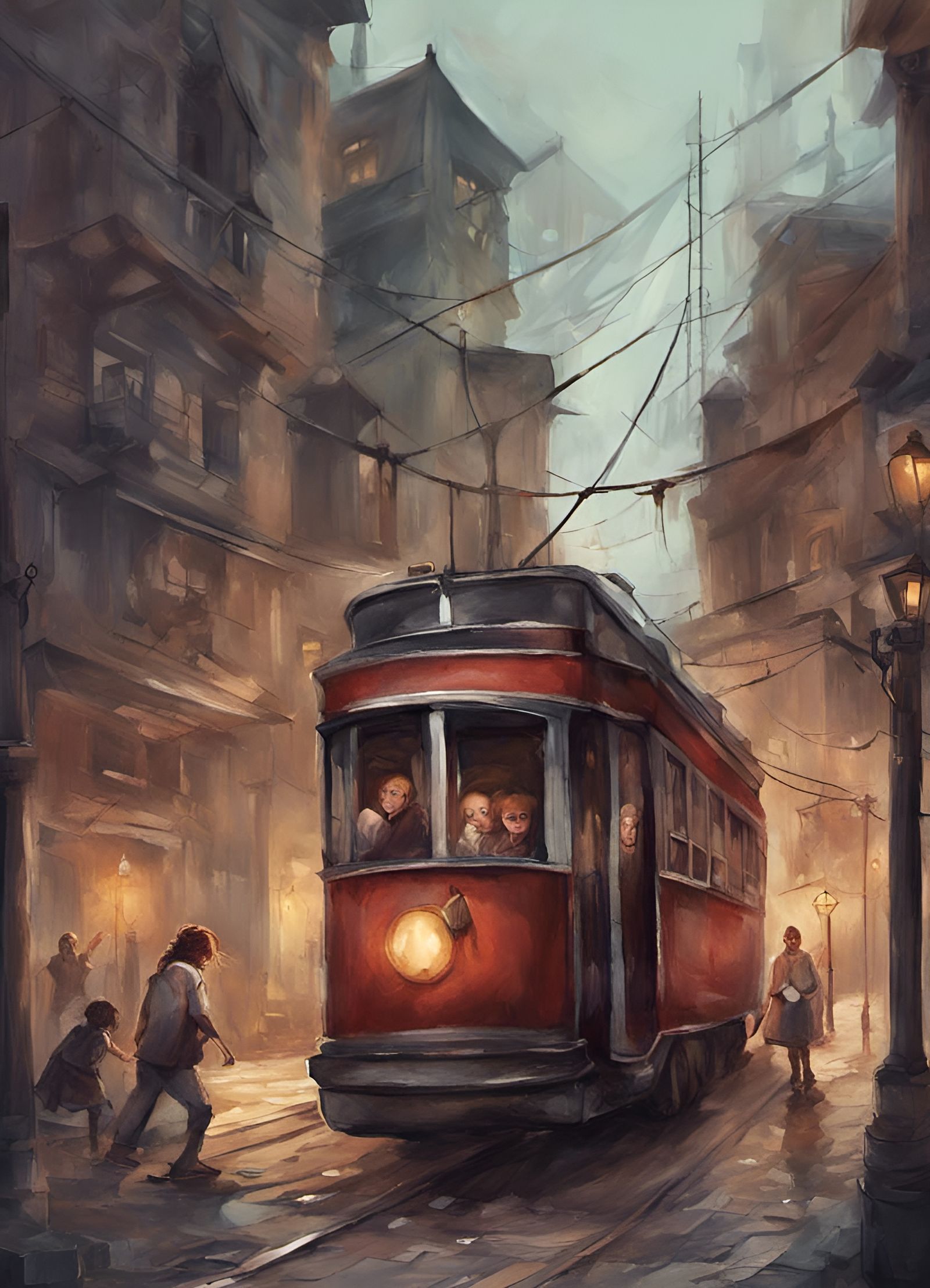Nightmarish Streetcar Scene in Happy Fun Art Style