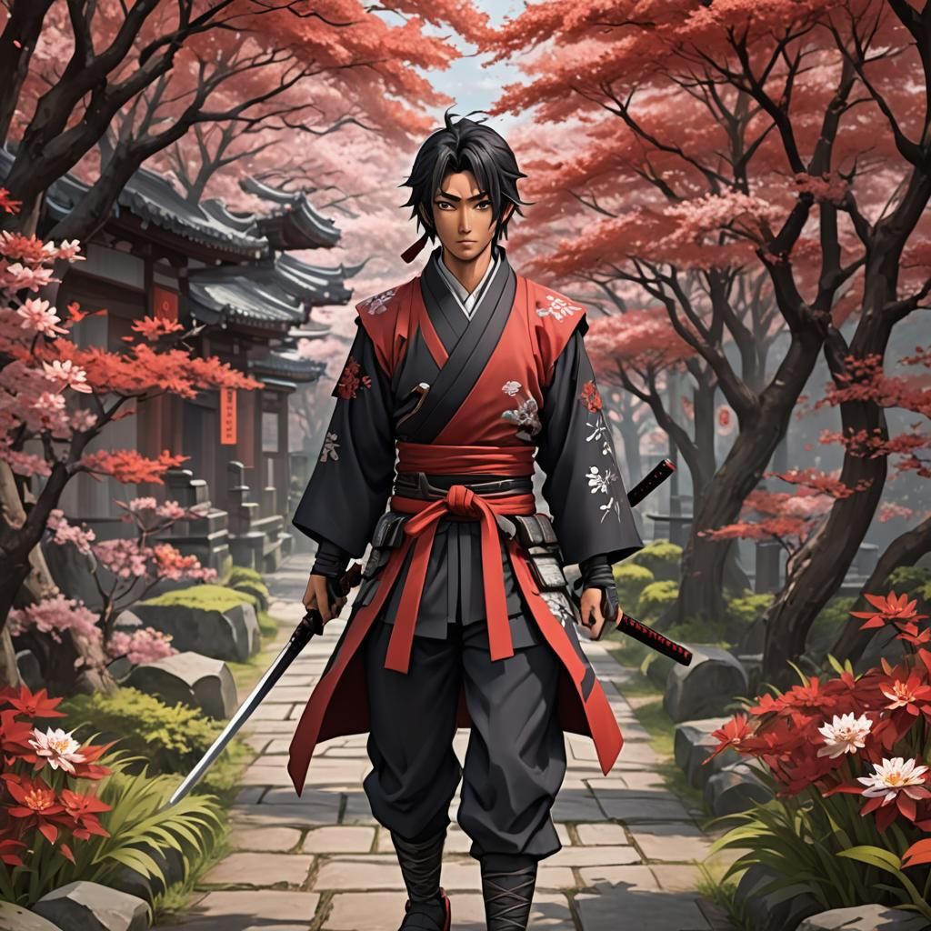 Ronin's Journey Through Scarlet Blossoms: Anime Style