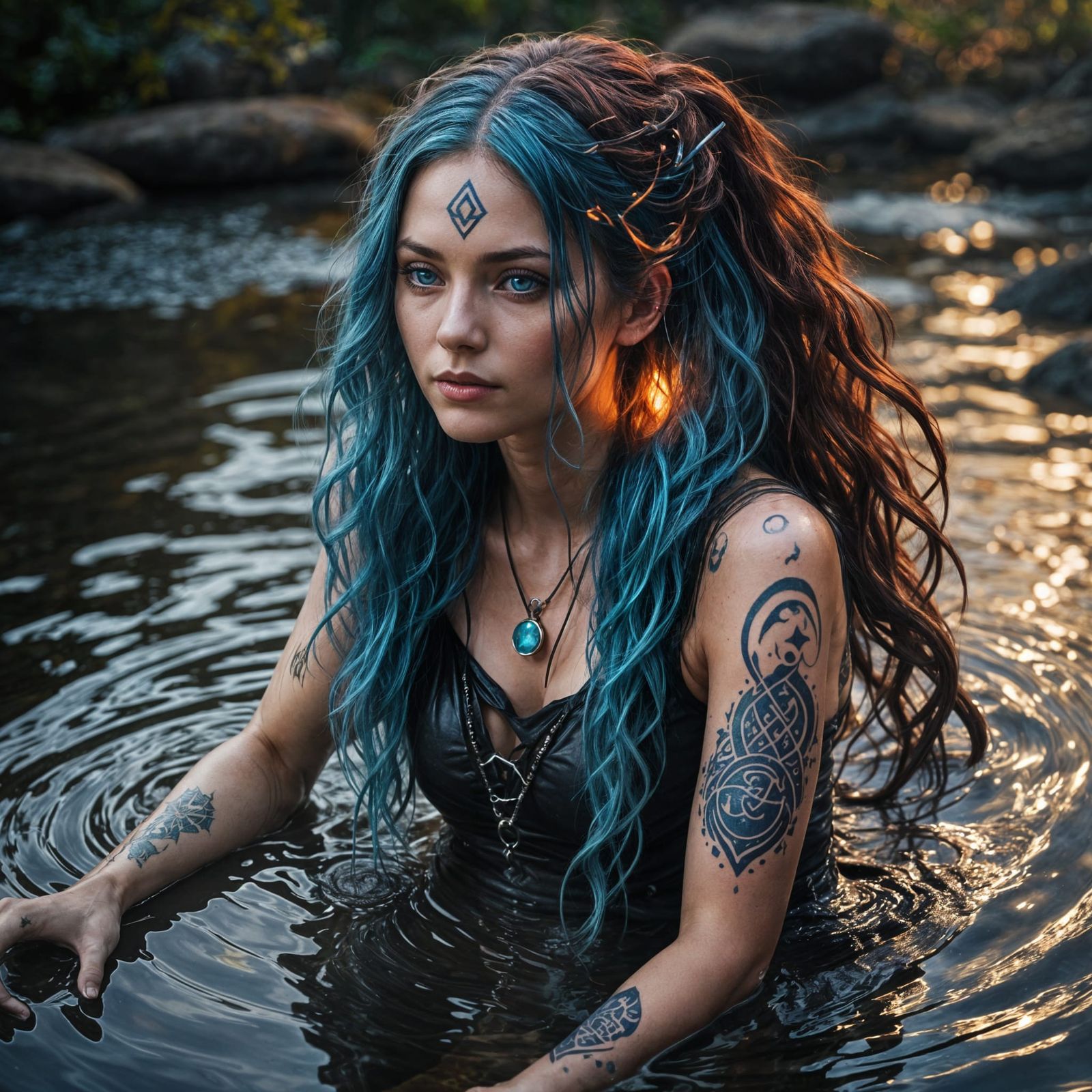 Meditative Girl with Runic Tattoos in Sunlight