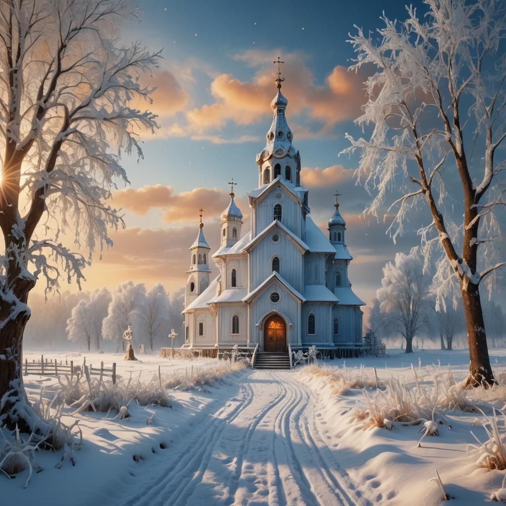 Snowy Countryside Church Bells Ringing, Fantasy Art