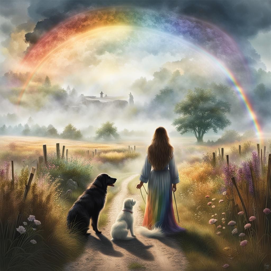 Hay Woman Comforts Dog Under Angel Wings