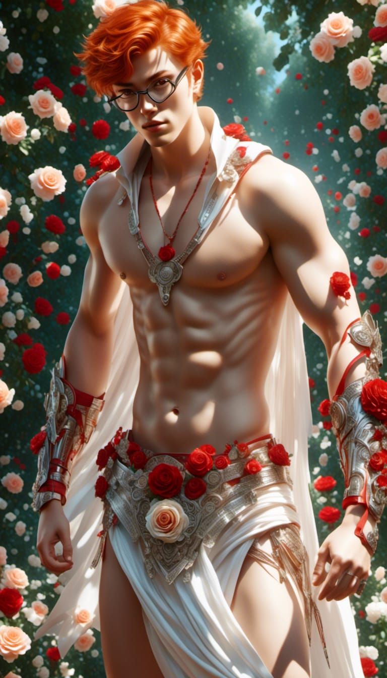 Redhead Hunk in Rose Garden: Hyperreal Digital Art