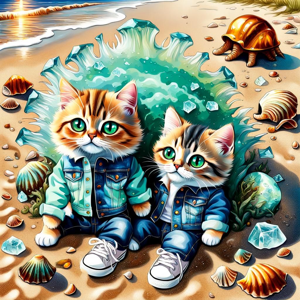 Cats Find Amber on Beach as Oil Painting