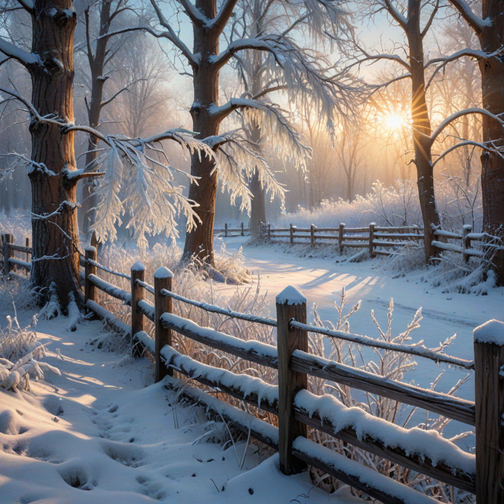 Winter Wonderland Behind a Wooden Fence in Vibrant Oil Paint...