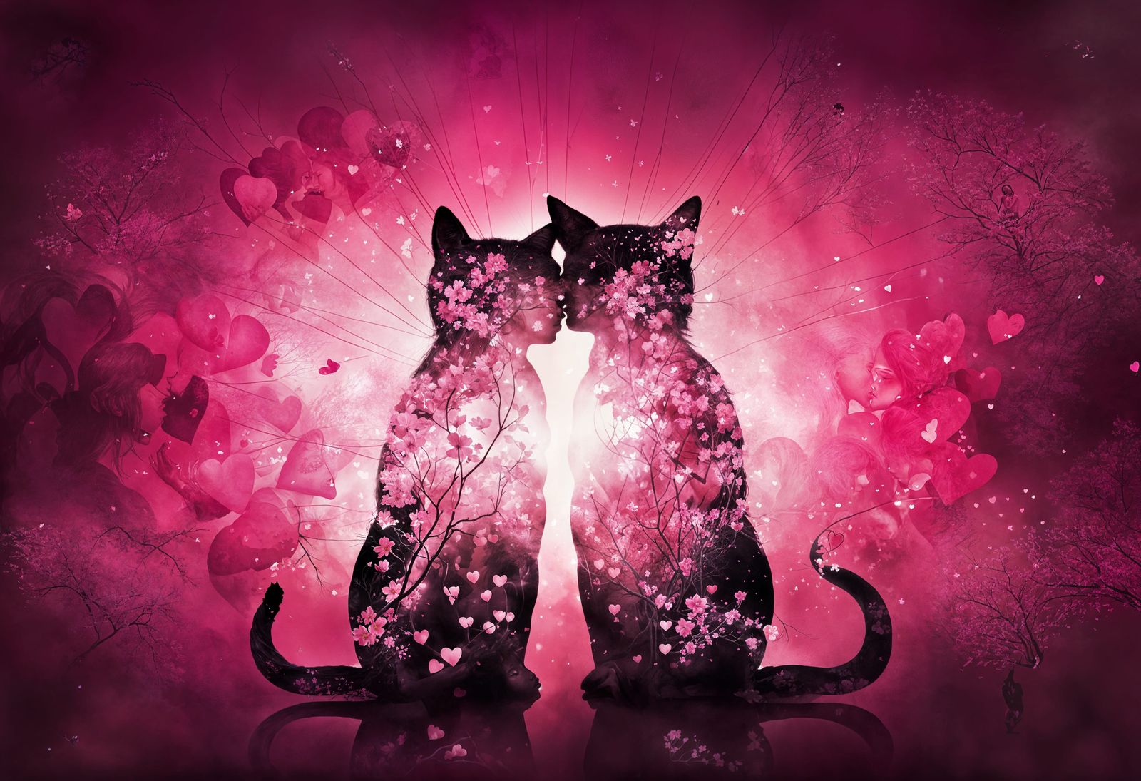 Romantic Pink Cats in a Whimsical Sakura Landscape