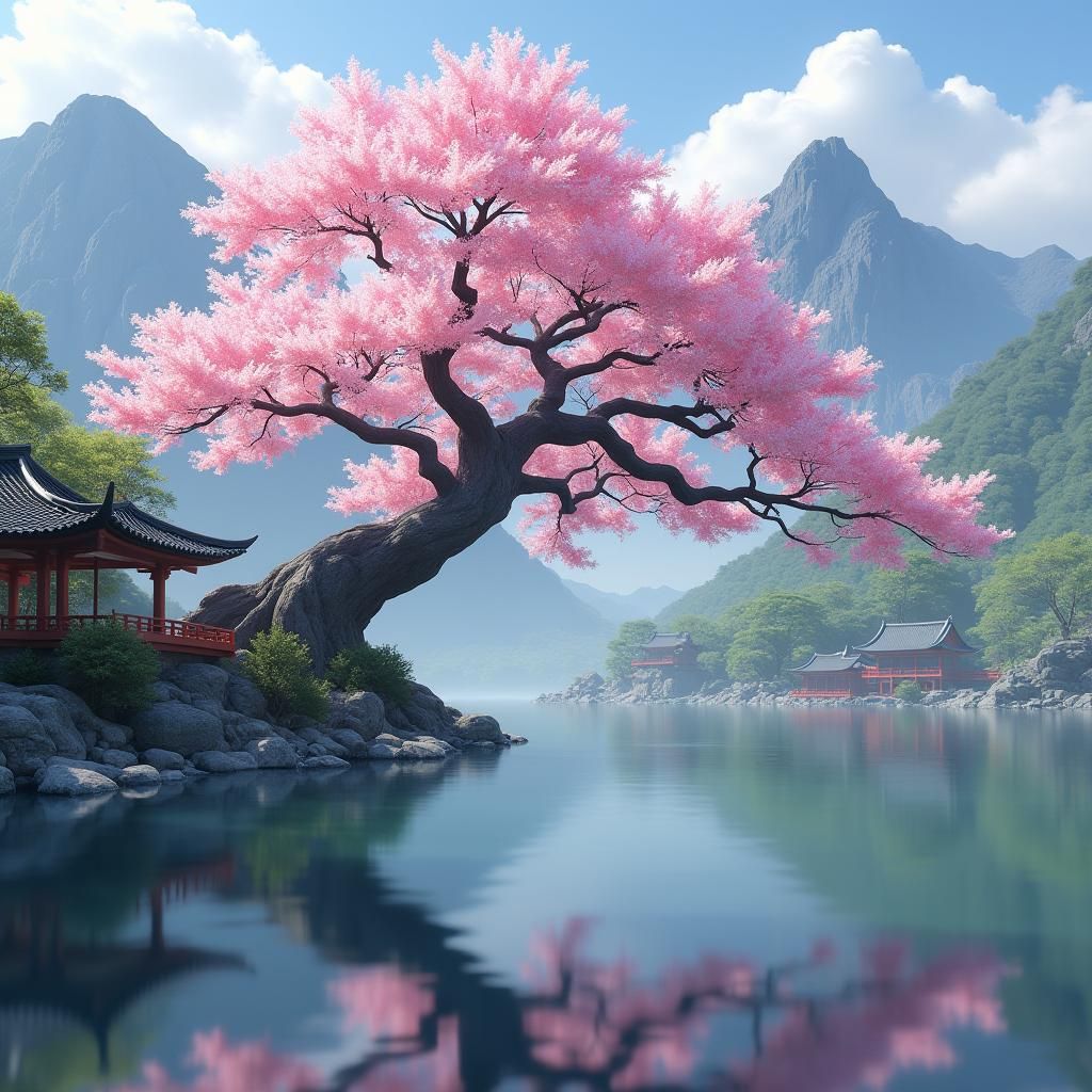 Sakura Tree by Lake: 3D Anime Art