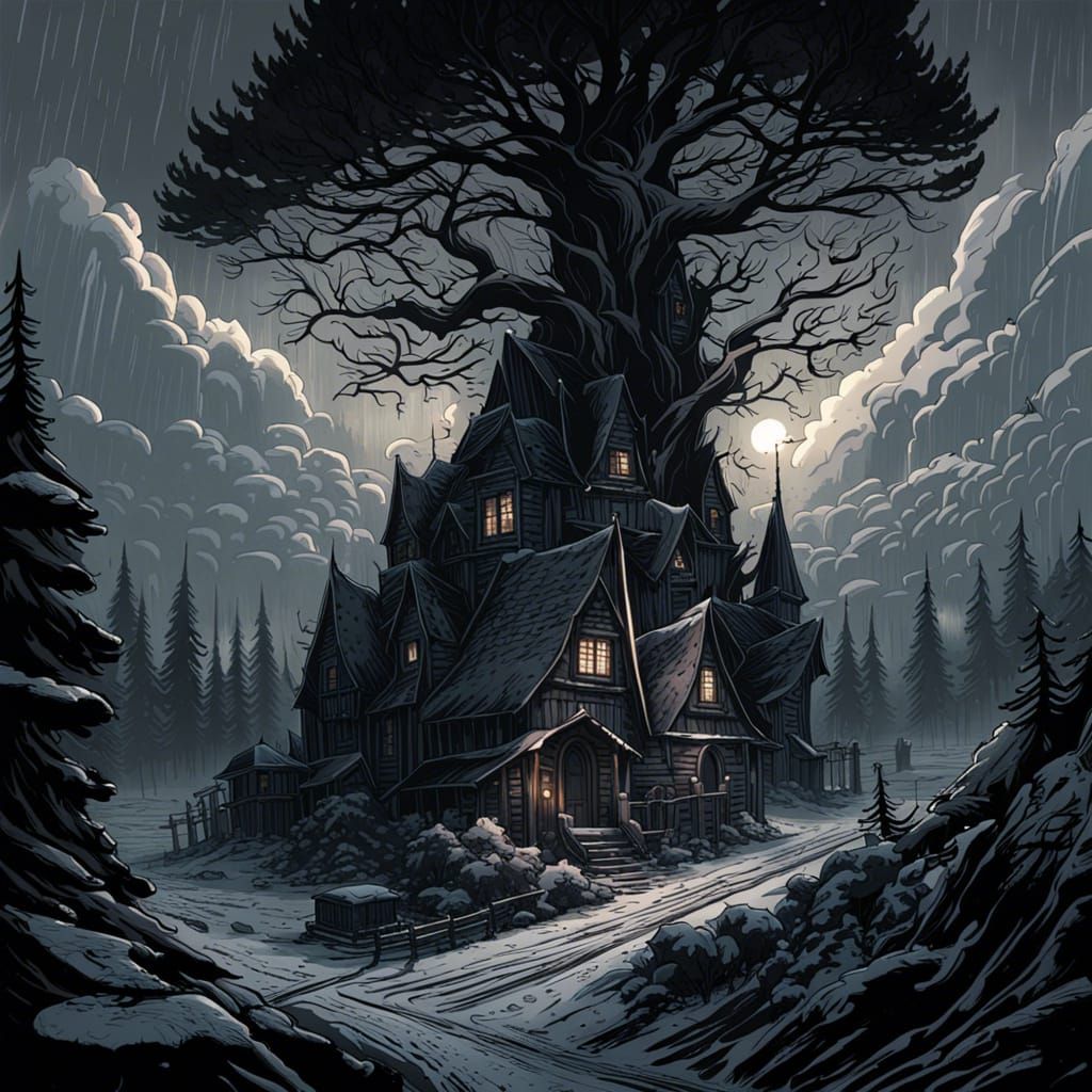 Gloomy Gothic Town in Dark Pine Forest