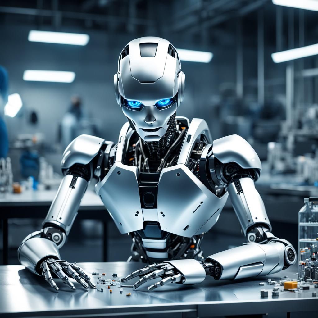 Female Scientist Assembles Humanoid Robot in High-Tech Lab